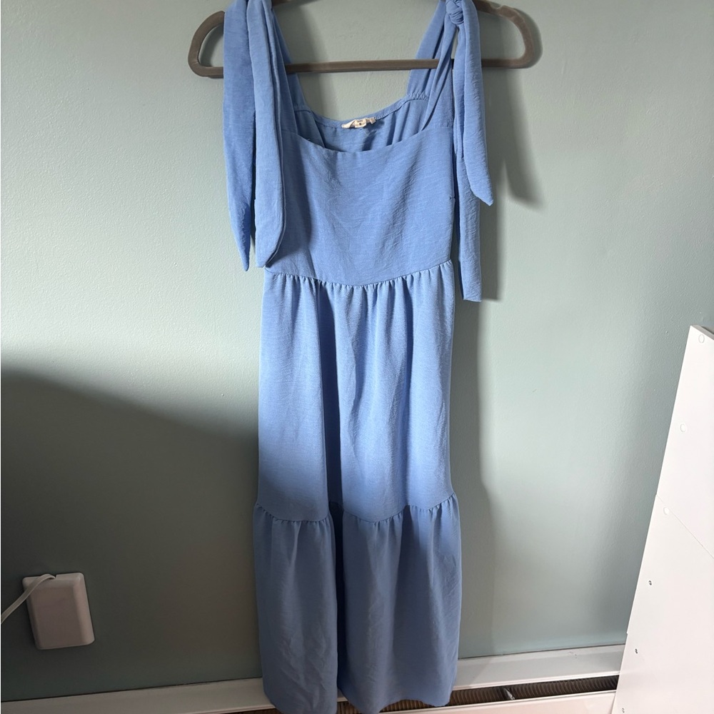 See You Monday Light Blue Tie-Strap Tiered Maxi Dress